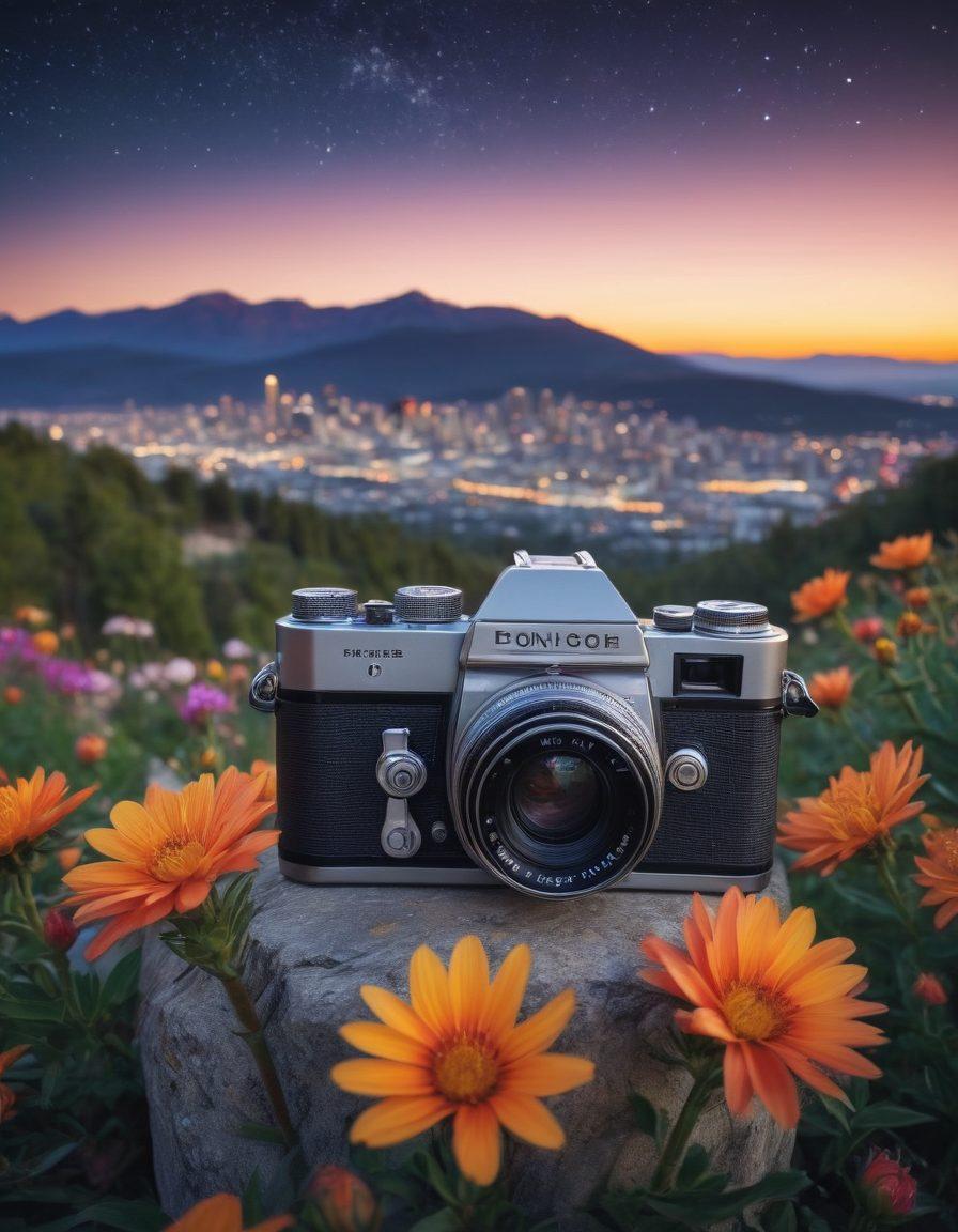 A stunning landscape filled with diverse photographic scenes: a sunset over a mountain range, a close-up of blooming flowers, and a bustling city skyline under a starry night. Include a vintage camera and a modern DSLR lying side by side in the foreground, symbolizing the evolution of photography. Capture a sense of adventure and creativity, enticing camera enthusiasts. super-realistic. vibrant colors. artistic composition.