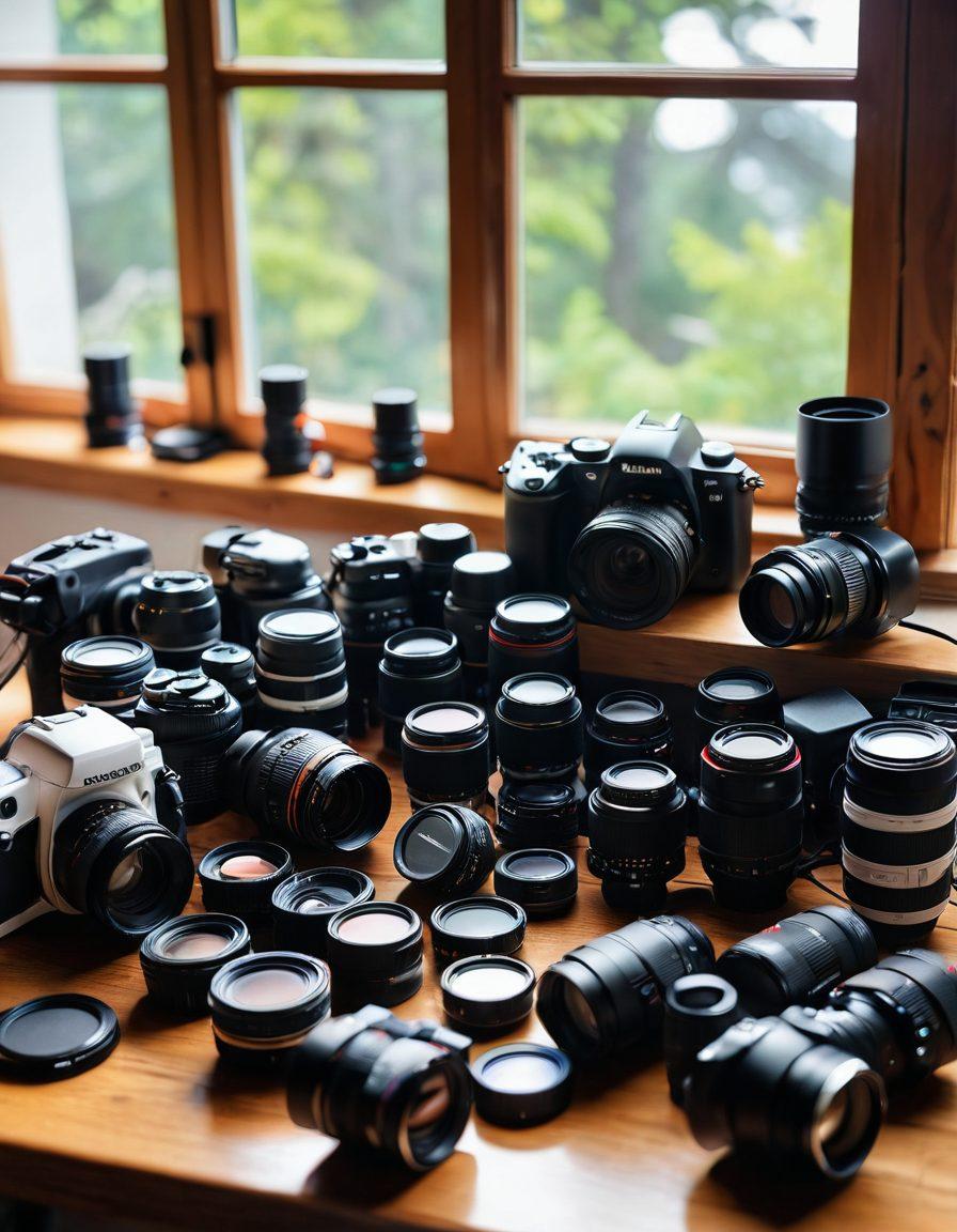 An array of camera gear and accessories arranged aesthetically on a wooden table, including a DSLR, lenses of various sizes, a tripod, and colorful filters. Surrounding the gear are vibrant photography prints showcasing stunning landscapes and portraits, subtly highlighting the potential of the equipment. The scene is bathed in soft natural light filtering through a nearby window to create a warm, inviting atmosphere. super-realistic. vibrant colors. soft focus.