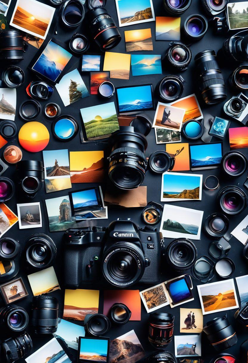 A vibrant collage illustrating a journey from beginner to expert in digital photography, featuring a camera and various photography accessories like lenses, tripods, and lighting equipment. Include snapshots depicting different photography techniques, from landscapes to portraits, and a laptop showcasing online tutorials. The background should hint at a creative workspace filled with art supplies and photo prints. super-realistic. vibrant colors. 3D.